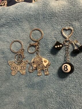 Silver Crystal Butterfly, Elephant and 8-Ball Keychain Set
